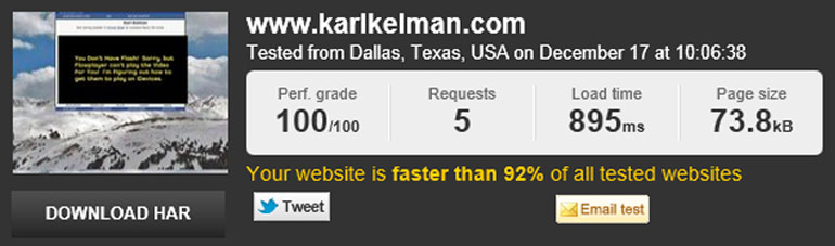 Karl Kelman Page Speed Test Results - December 2011 - Note that the site loads in less than one second